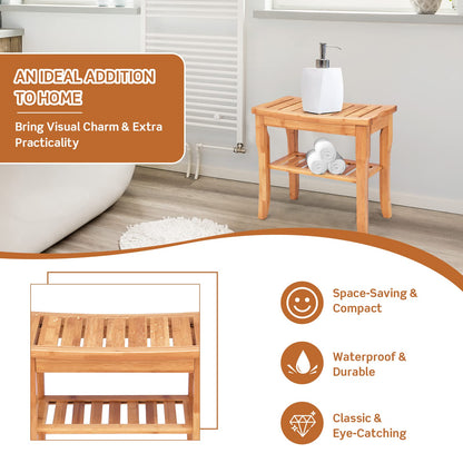 2-Tier Slatted Spa Bath Stool Shower Seat with Storage Shelf and Non-Slip Feet