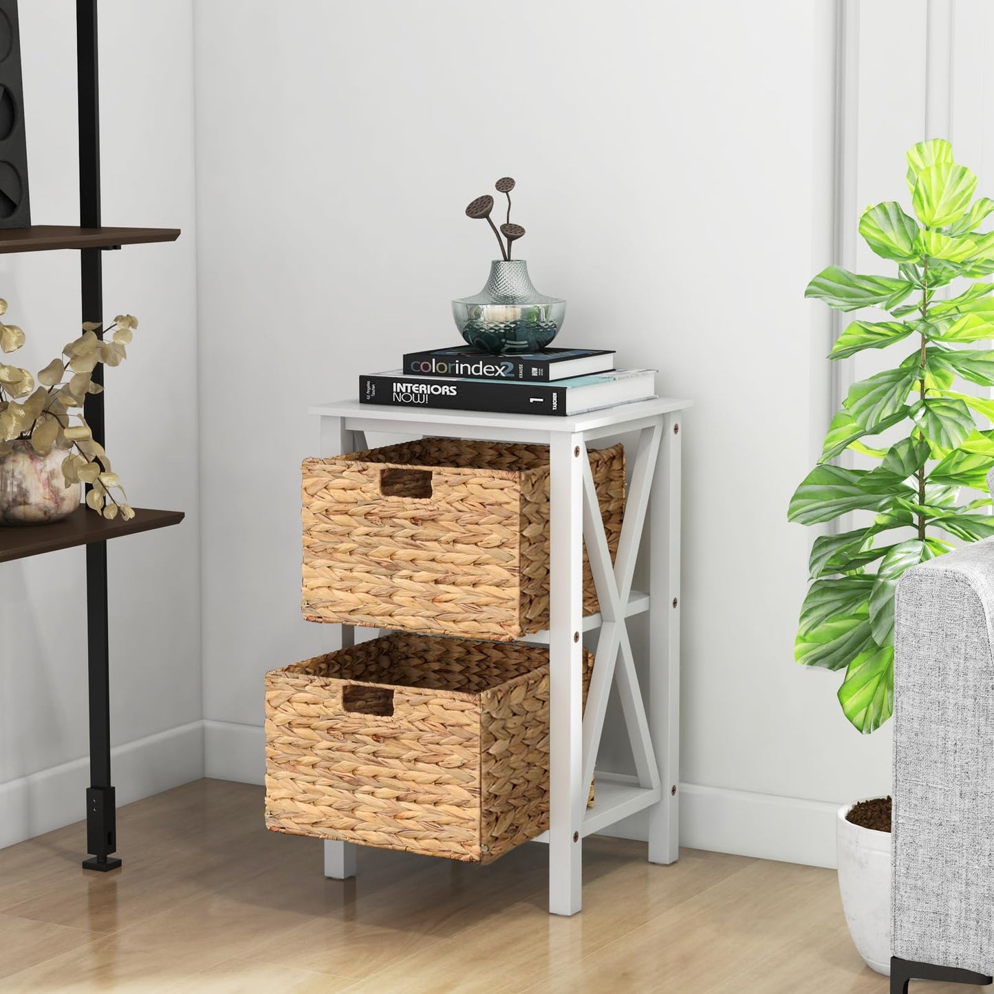 Sofa Side Table with Seagrass Baskets and Rubber Wood X-Shaped Frames and Acacia Wood Legs