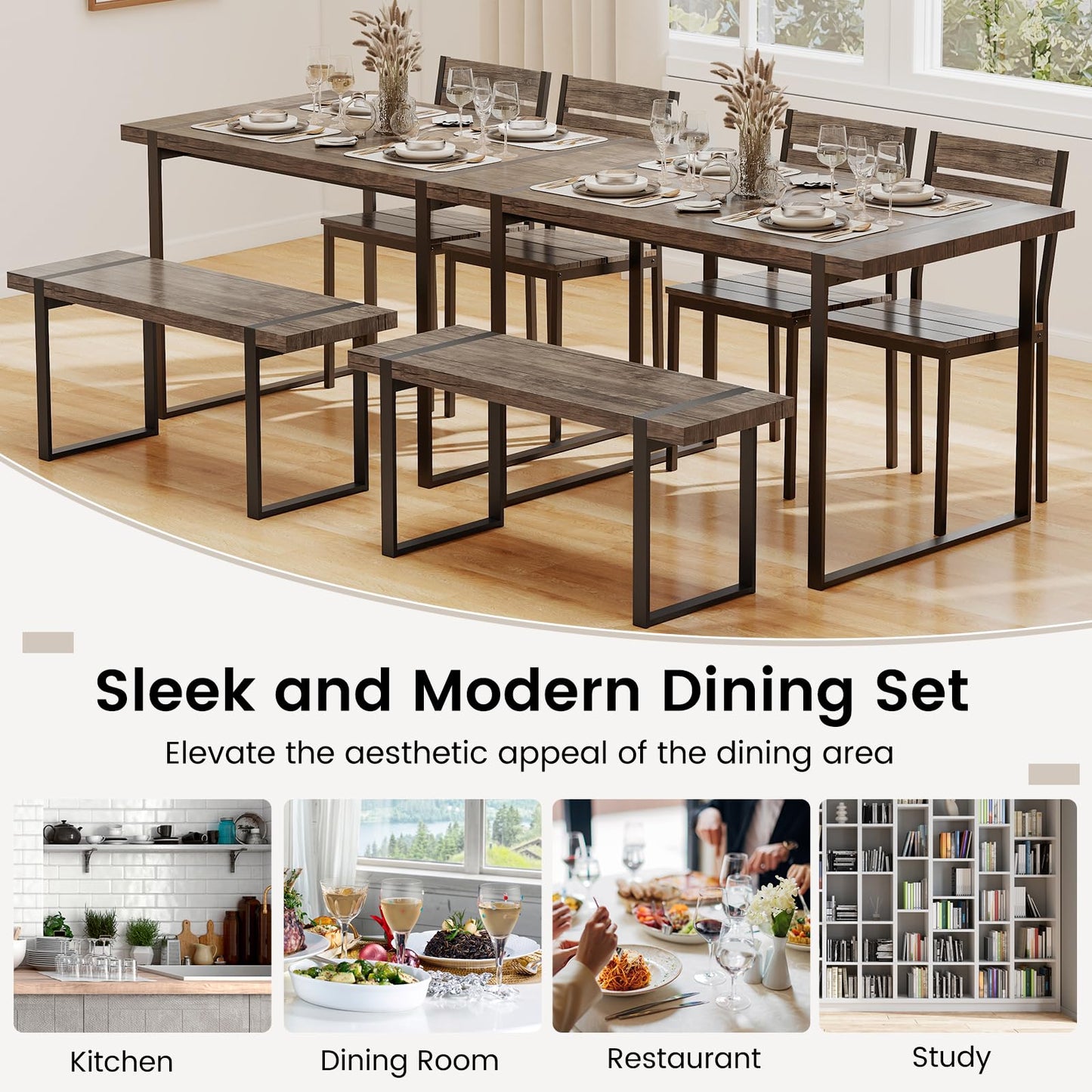 4-Piece Wooden Rectangular Dining Table Set with 1 Bench and 2 Armless Chairs for 4
