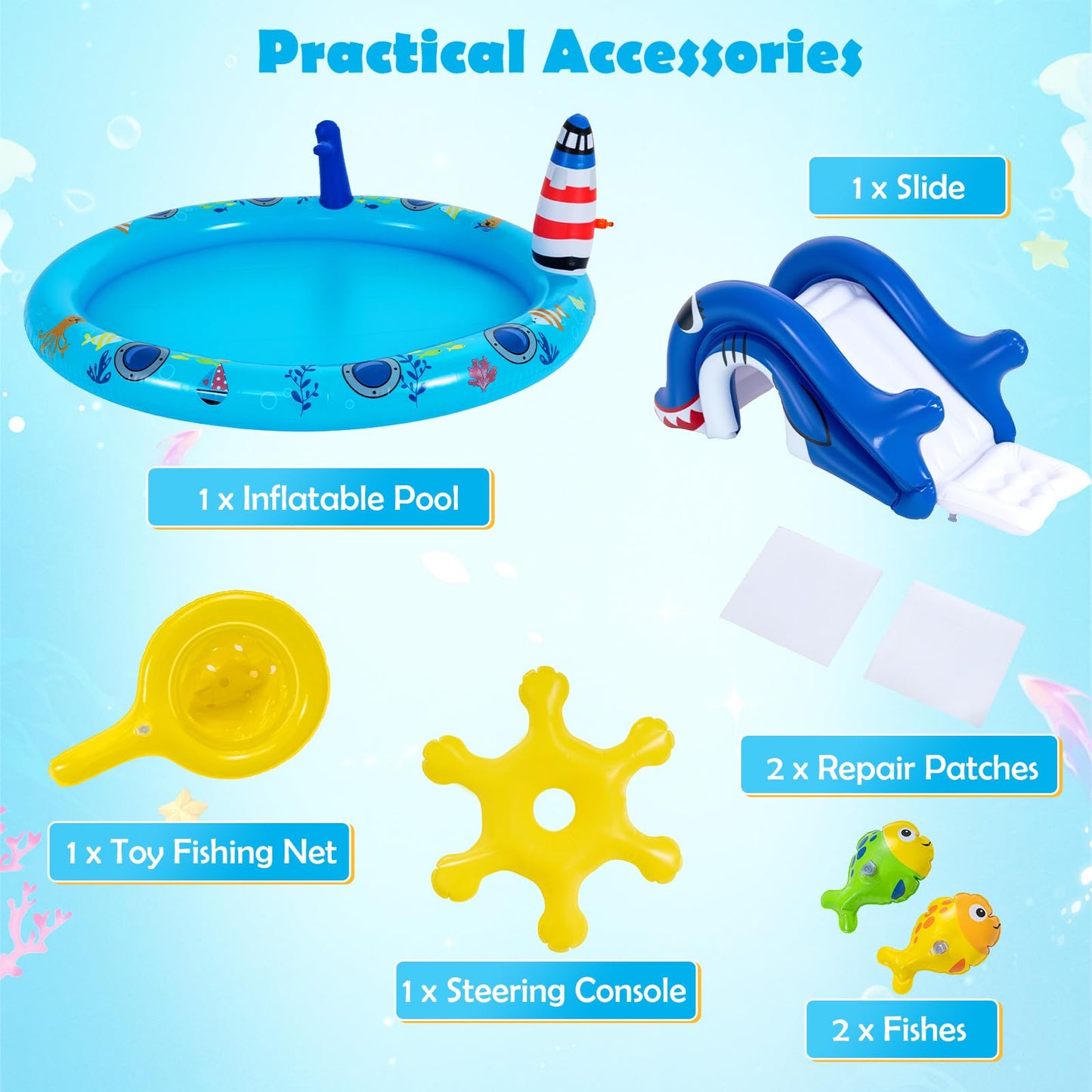 Inflatable Play Center, Marine Life Spray Paddling Pool with Slide & Sprinkle