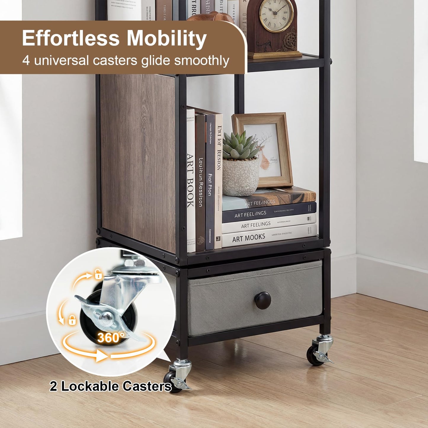 4-Tier Rotating Bookshelf, 360° Spinning Bookcase Tower with Wheels and Removable Fabric Storage Drawer