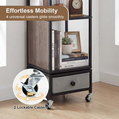 4-Tier Rotating Bookshelf, 360° Spinning Bookcase Tower with Wheels and Removable Fabric Storage Drawer