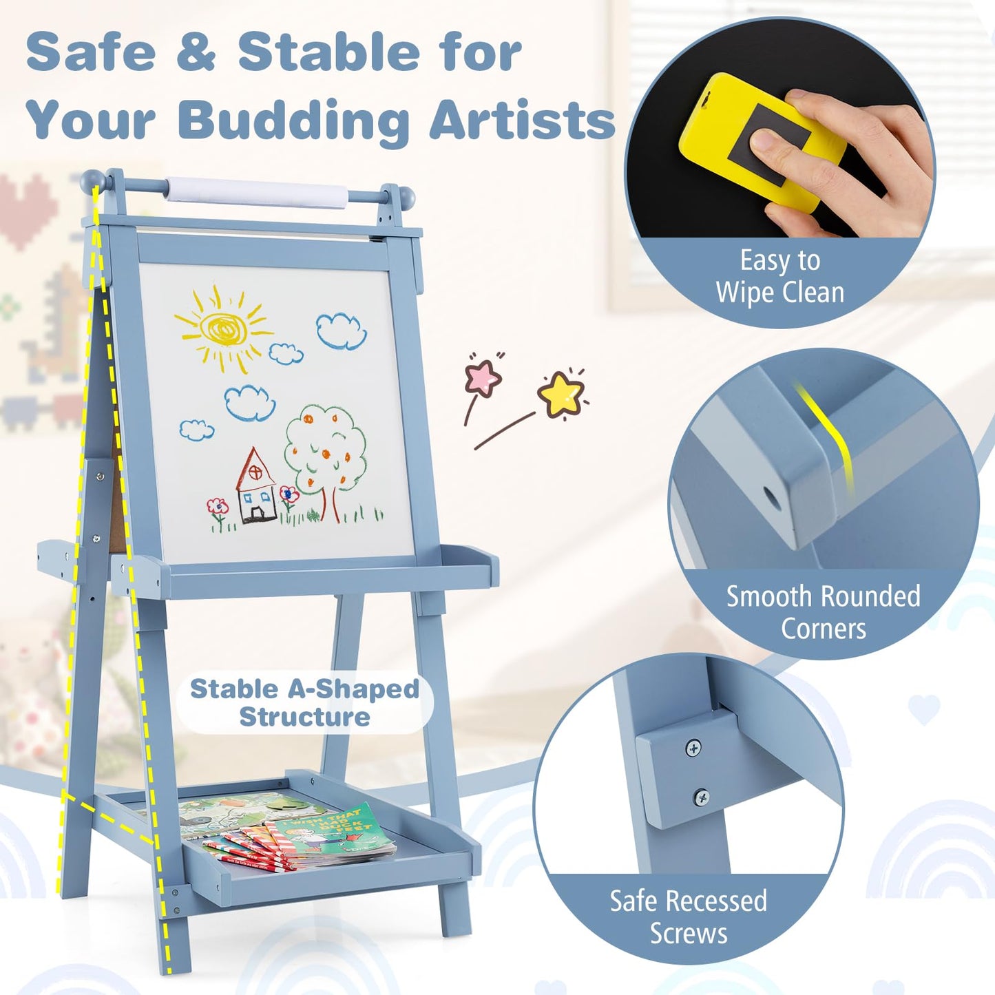 Kids Wooden Art Easel Double-Sided Height Adjustable Children Easel