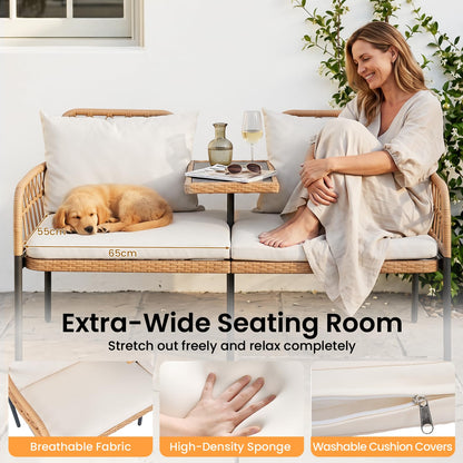 Rattan Jack and Jill Seat with Built-In Table and Cushions for Patio Balcony