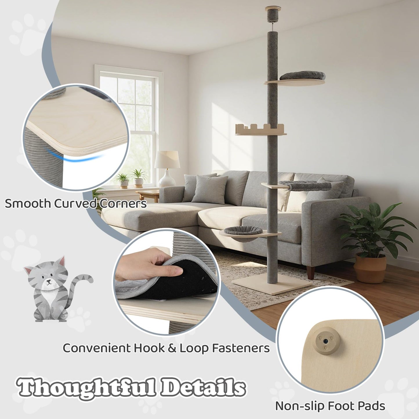 Floor to Ceiling Cat Tree, 5 Tier Tall Cat Tower with 236-271cm Adjustable Height