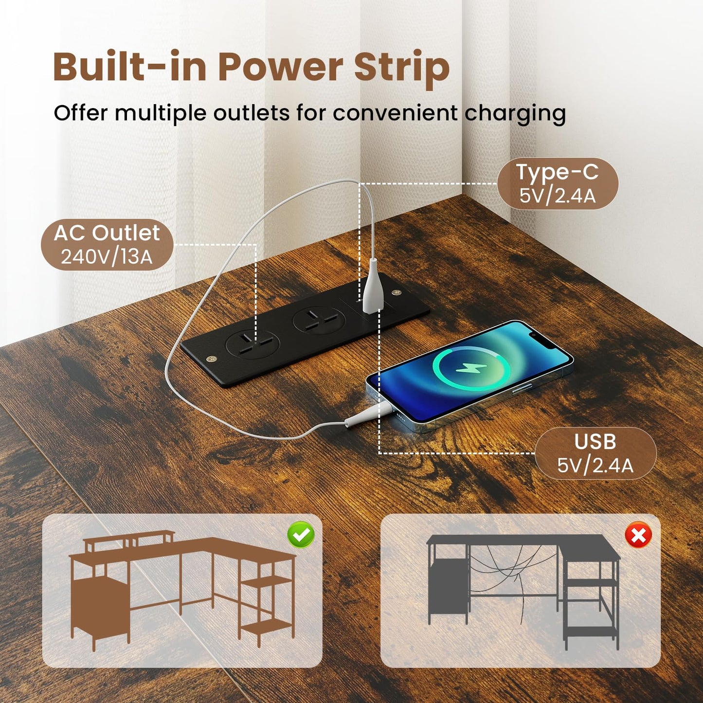 L-shaped Desk with Power Outlets Monitor Stand 2 Drawers and Adjustable Shelf