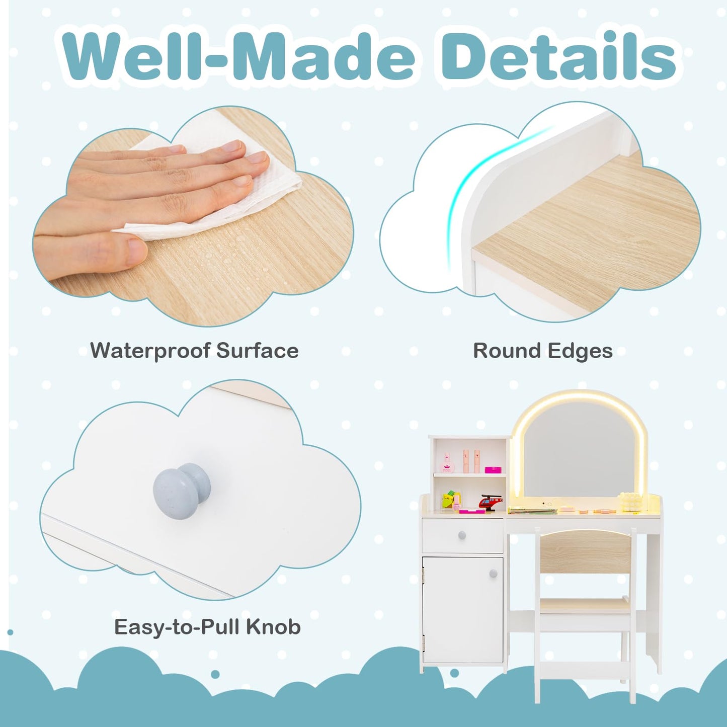 Kids Vanity Table and Stool Set with 2-Color LED Lights Mirror