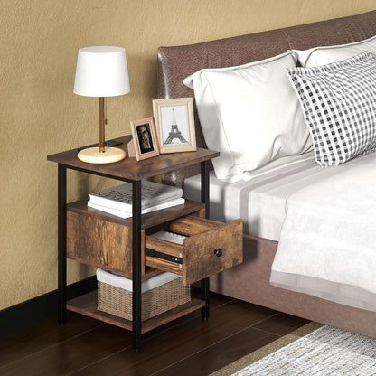 3-Tier Nightstand with Charging Station Open Shelves and Drawer