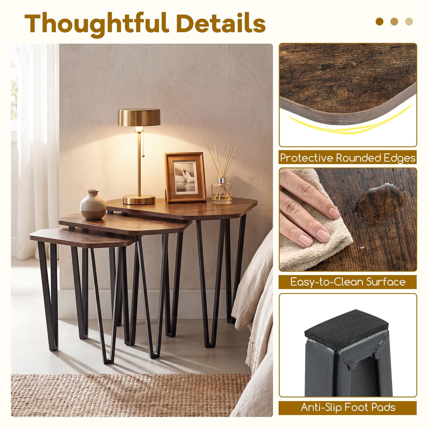 Nesting Coffee Tables Set of 3, Stacking End Sofa Side Table