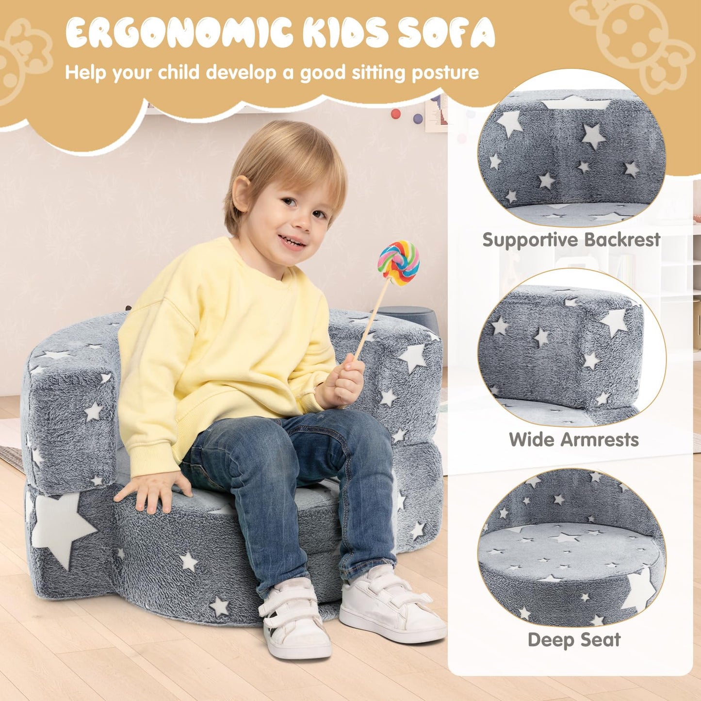 2 in 1 Glow in the Dark Sofa for Toddlers with Machine Washable Flannel Cover