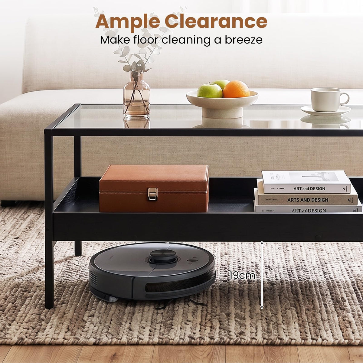 2-Tier Coffee Table with Tempered Glass Top & Storage Shelf