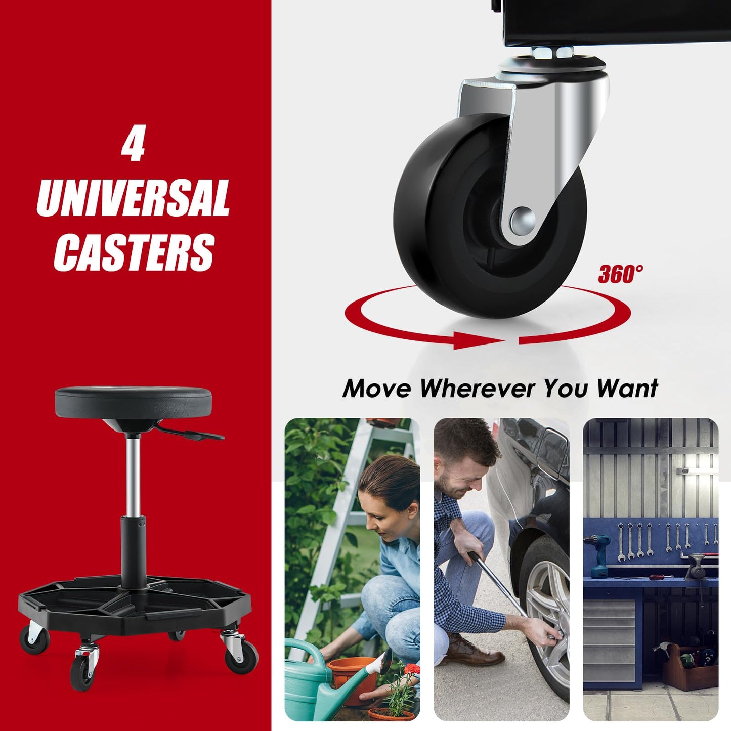 Rolling Mechanic Stool with Wheels & Tool Tray