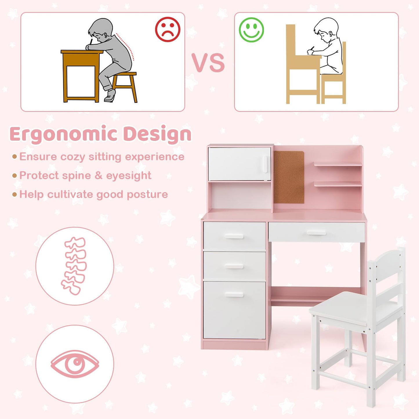 Kids Desk and Chair Set Study Table with Hutch Bulletin Board 3 Drawers