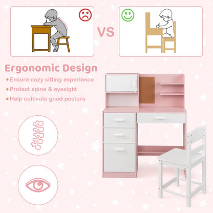 Kids Desk and Chair Set Study Table with Hutch Bulletin Board 3 Drawers