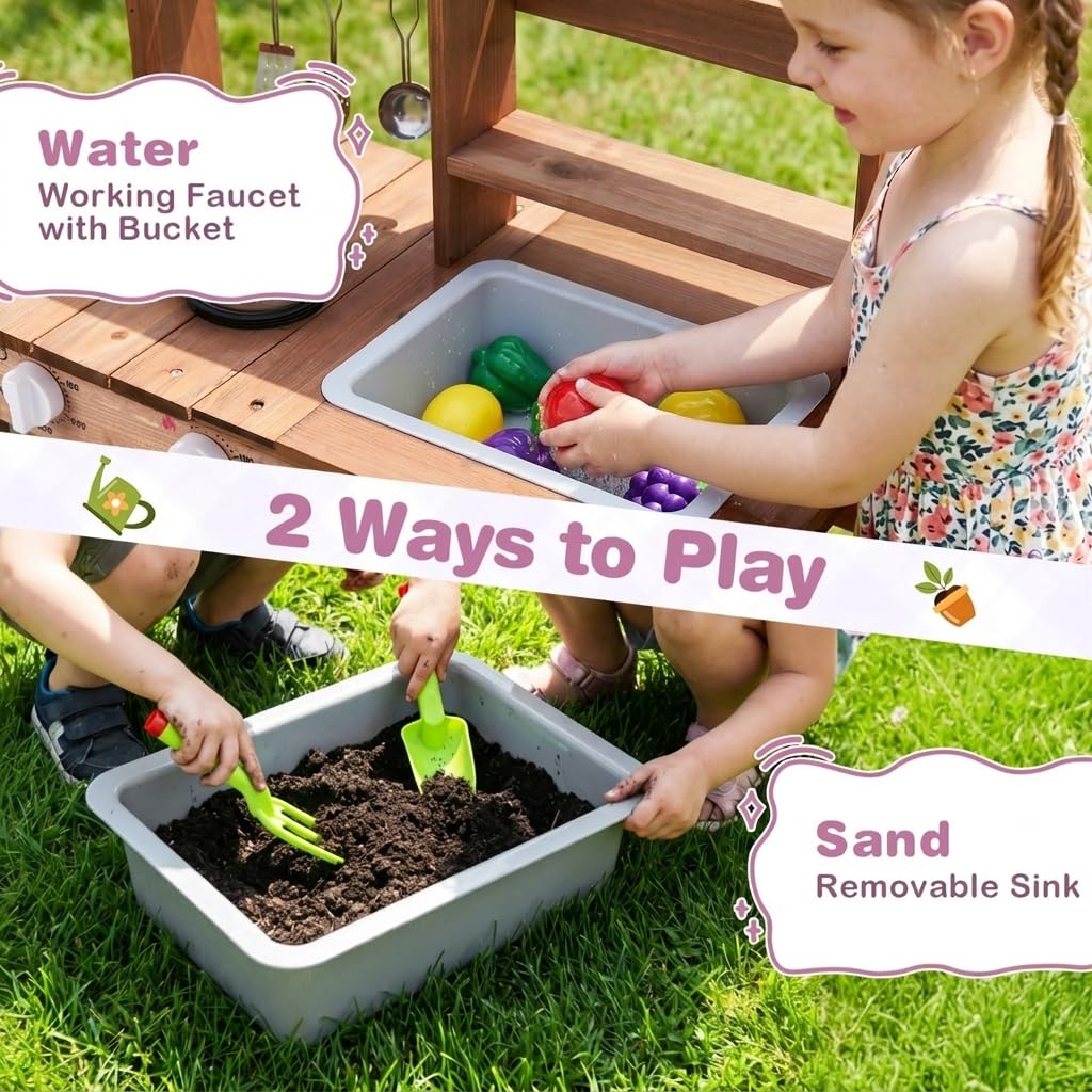 Kids Mud Kitchen, Garden Potting Bench with 2 Planting Pots, 2 Storage Bins, 2 Trowels