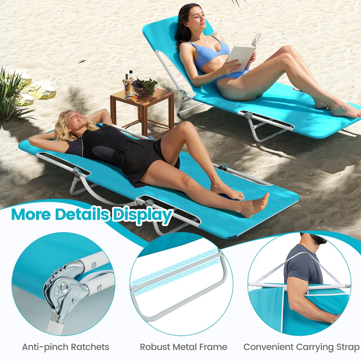 2 Pieces Outdoor Folding Chaise Lounge Portable Sun Tanning Chair Camping Cot