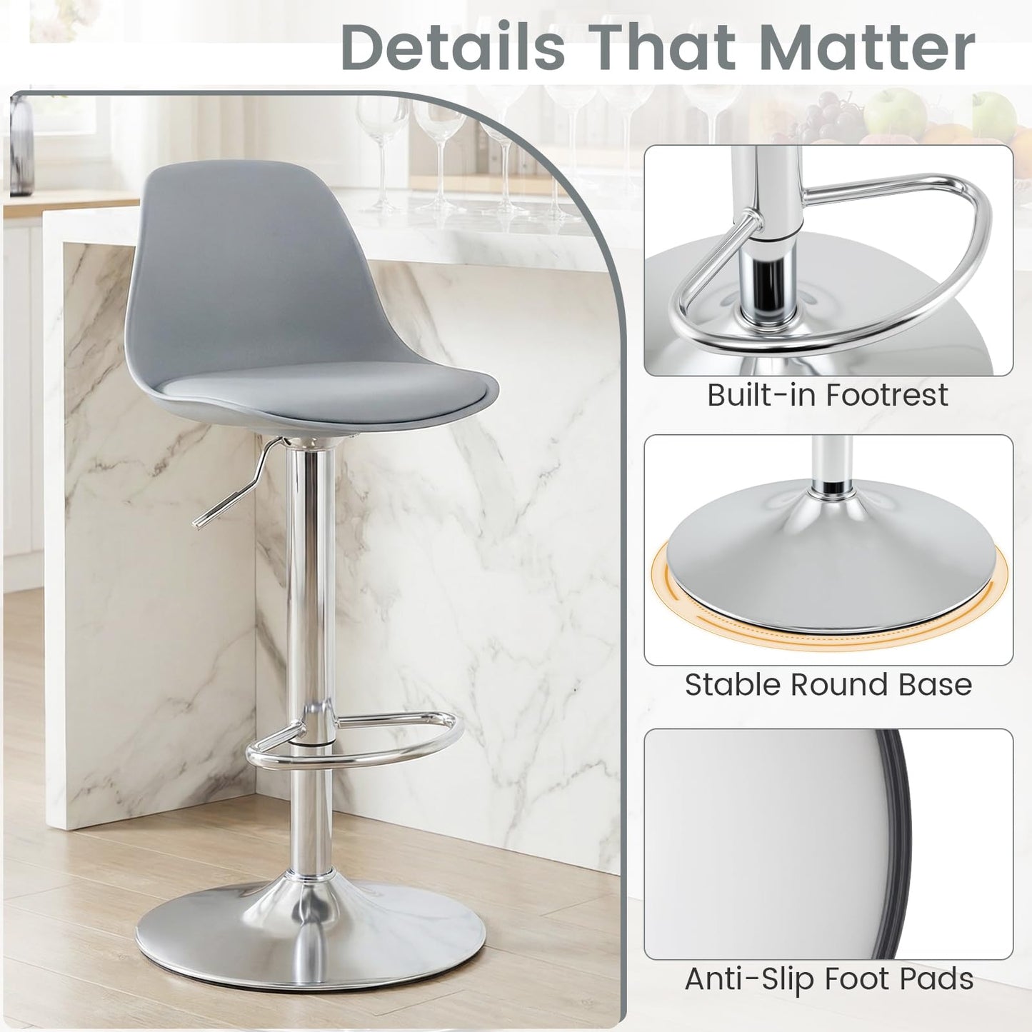 Bar Stools Set of 2, Height Adjustable Swivel Bar Chairs