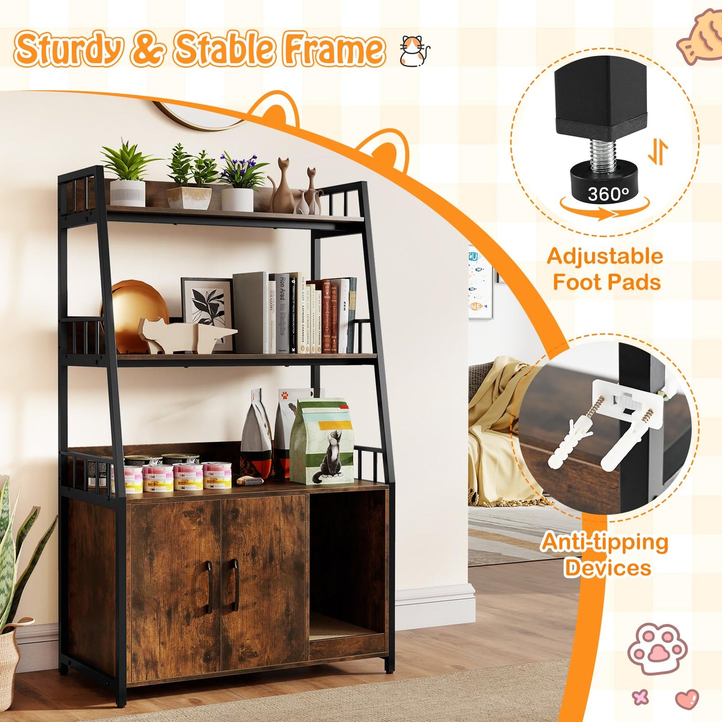 Cat Litter Box Enclosure, Hidden Cats Washroom Furniture with 3-tier Storage Shelves