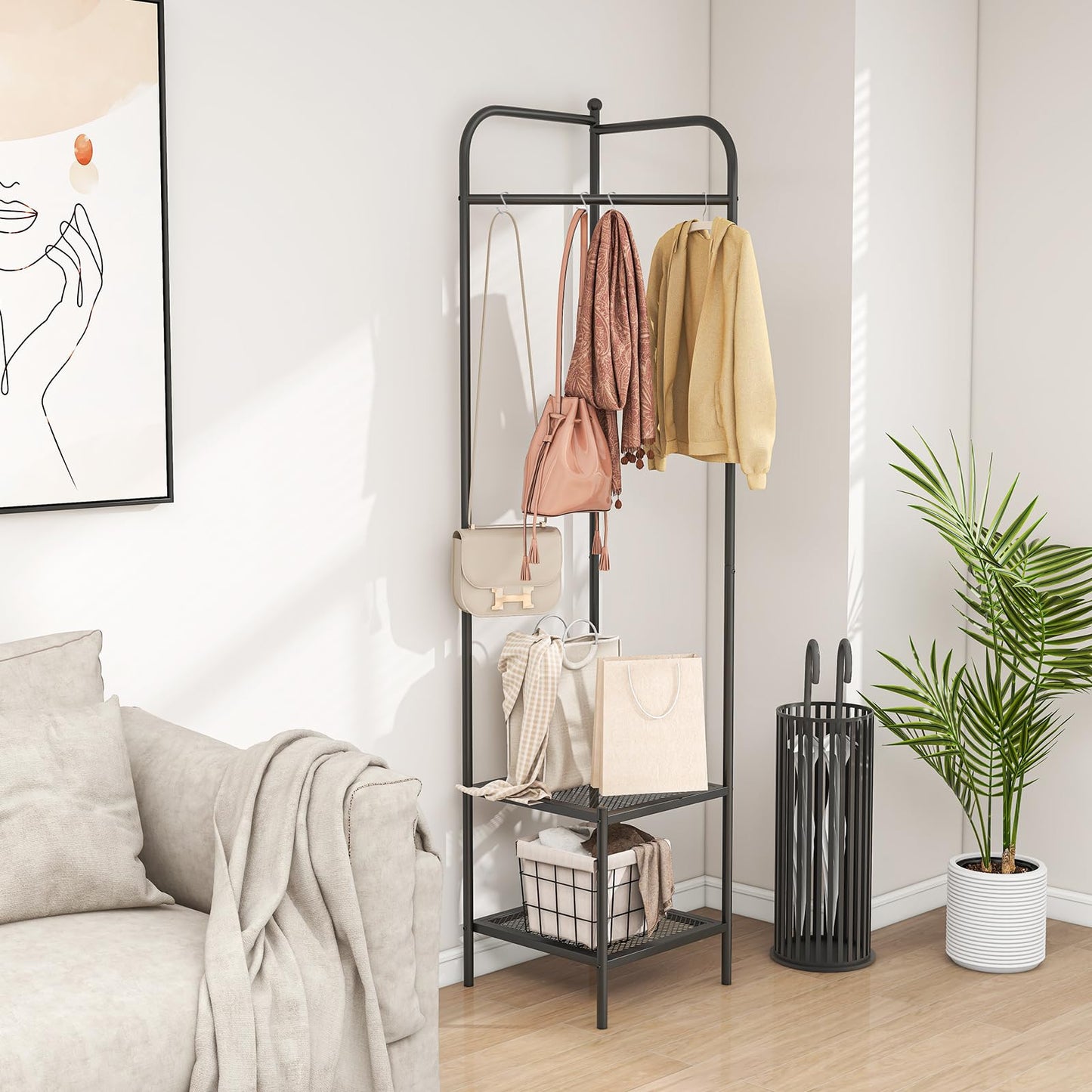 Corner Coat Rack with Shelves and Top Hanger