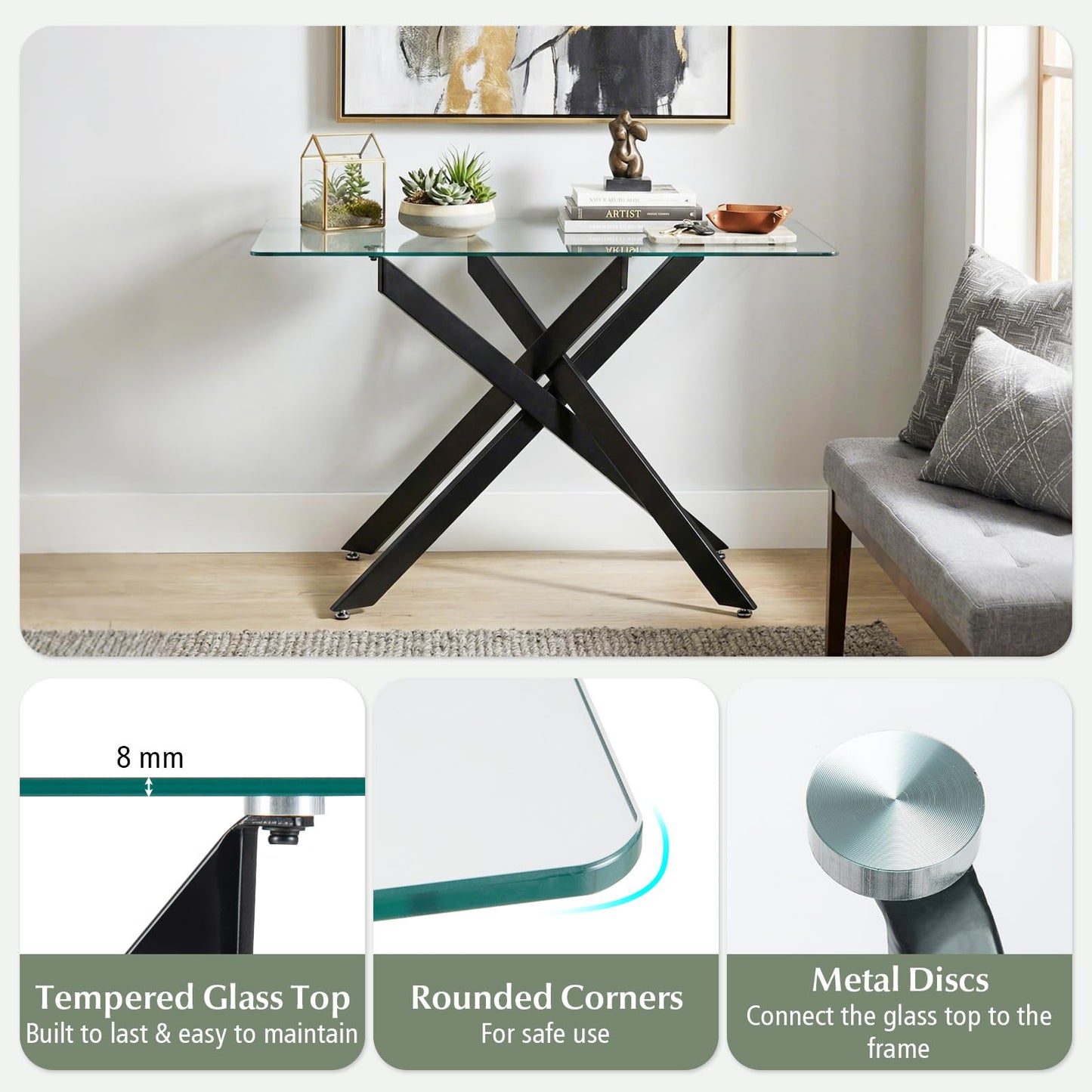 Modern Glass Console Table with Tempered Glass Top and Tubular Legs