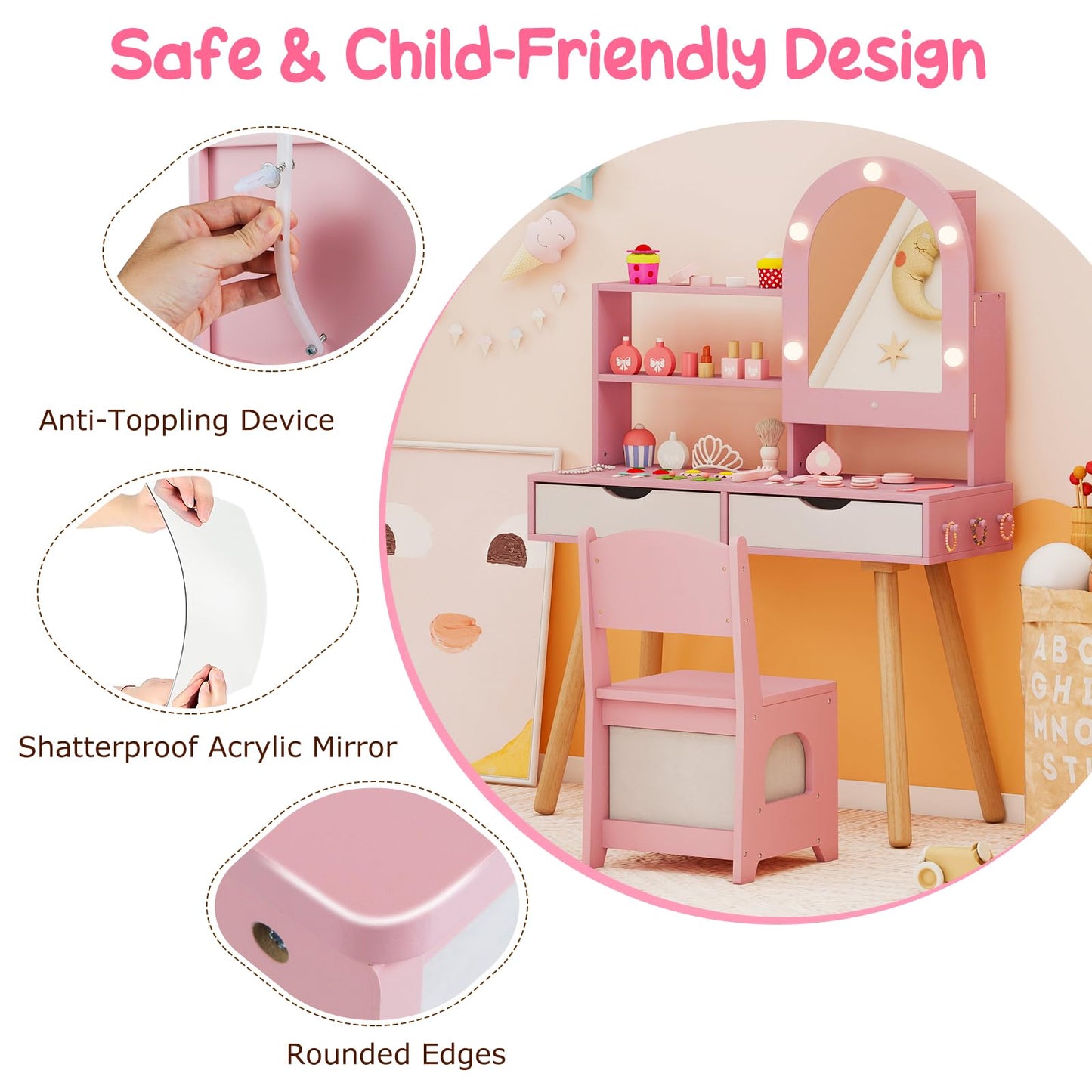 Kids Vanity Set Pretend Play Dressing Table Set with 3-Color Lighting Modes