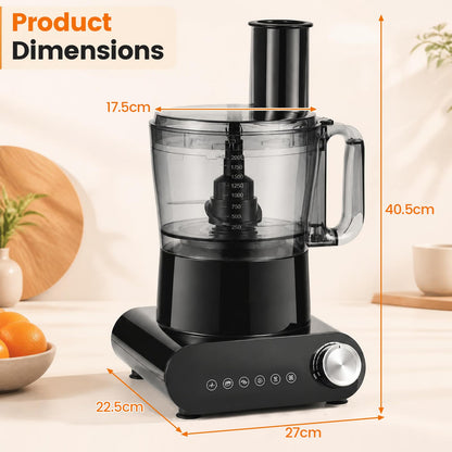12 Cup Food Processor 600W with 3 Discs & 2 Blades for Slicing Shredding Dough