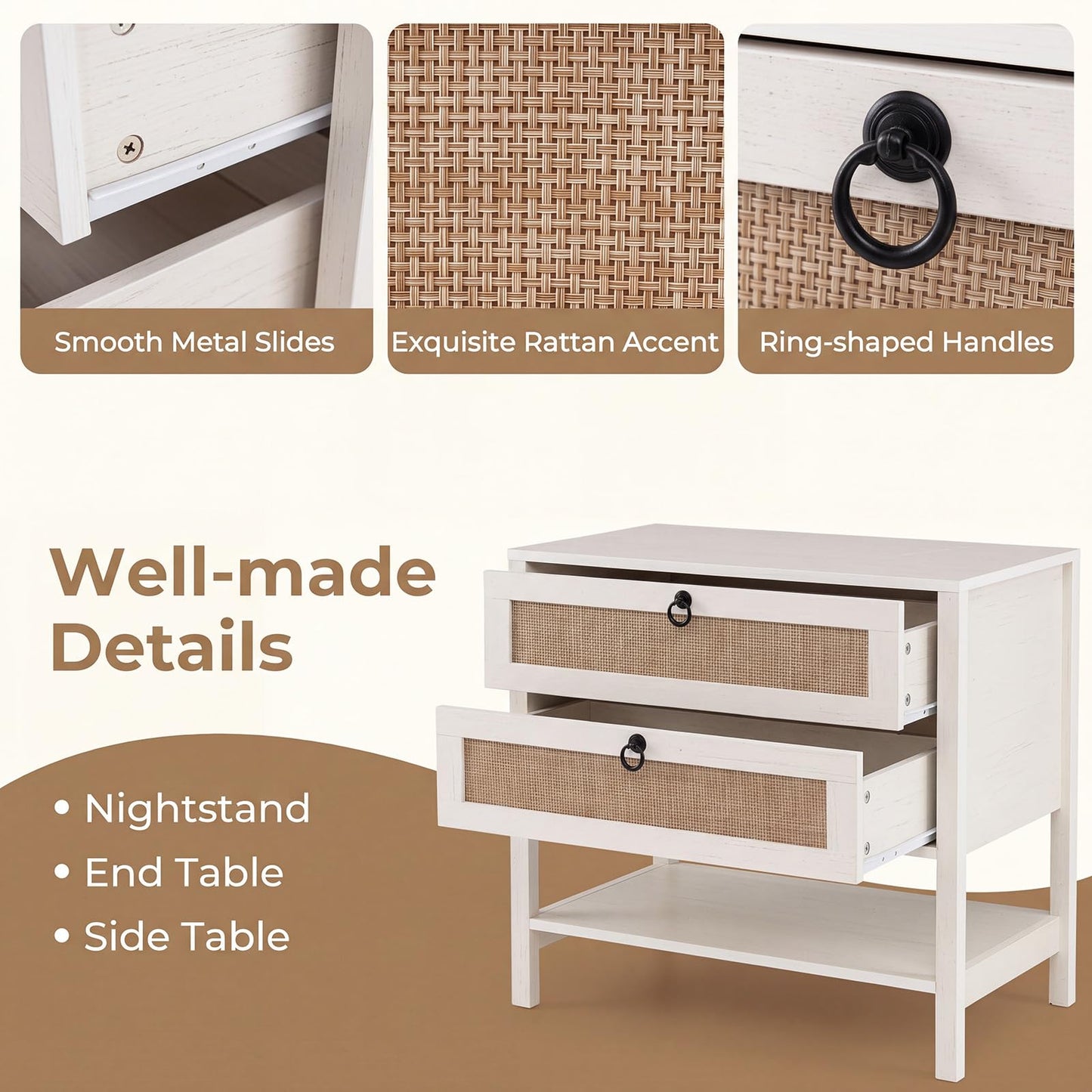 Rattan Bedside Table, Boho Nightstand with 2 Drawers