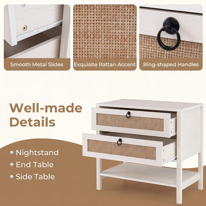 Rattan Bedside Table, Boho Nightstand with 2 Drawers