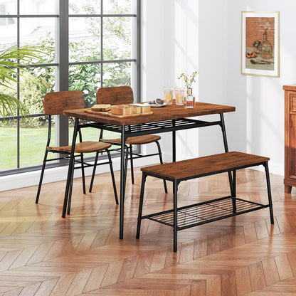 4 Piece Dining Table Set Metal with Bench and Storage Racks