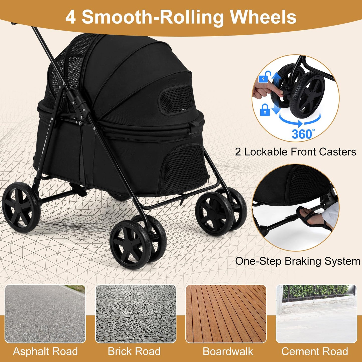 Pet Stroller, Foldable Dog Pushchair with 360°Swivel Wheels