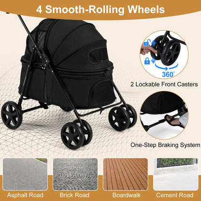 Pet Stroller, Foldable Dog Pushchair with 360°Swivel Wheels