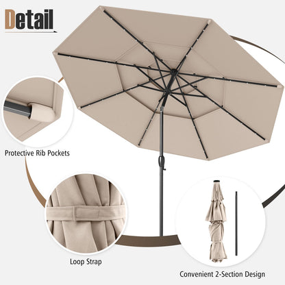 3M 3-Tier Heavy Duty 8-Ribs Solar Patio Umbrella with 32 LED Lights