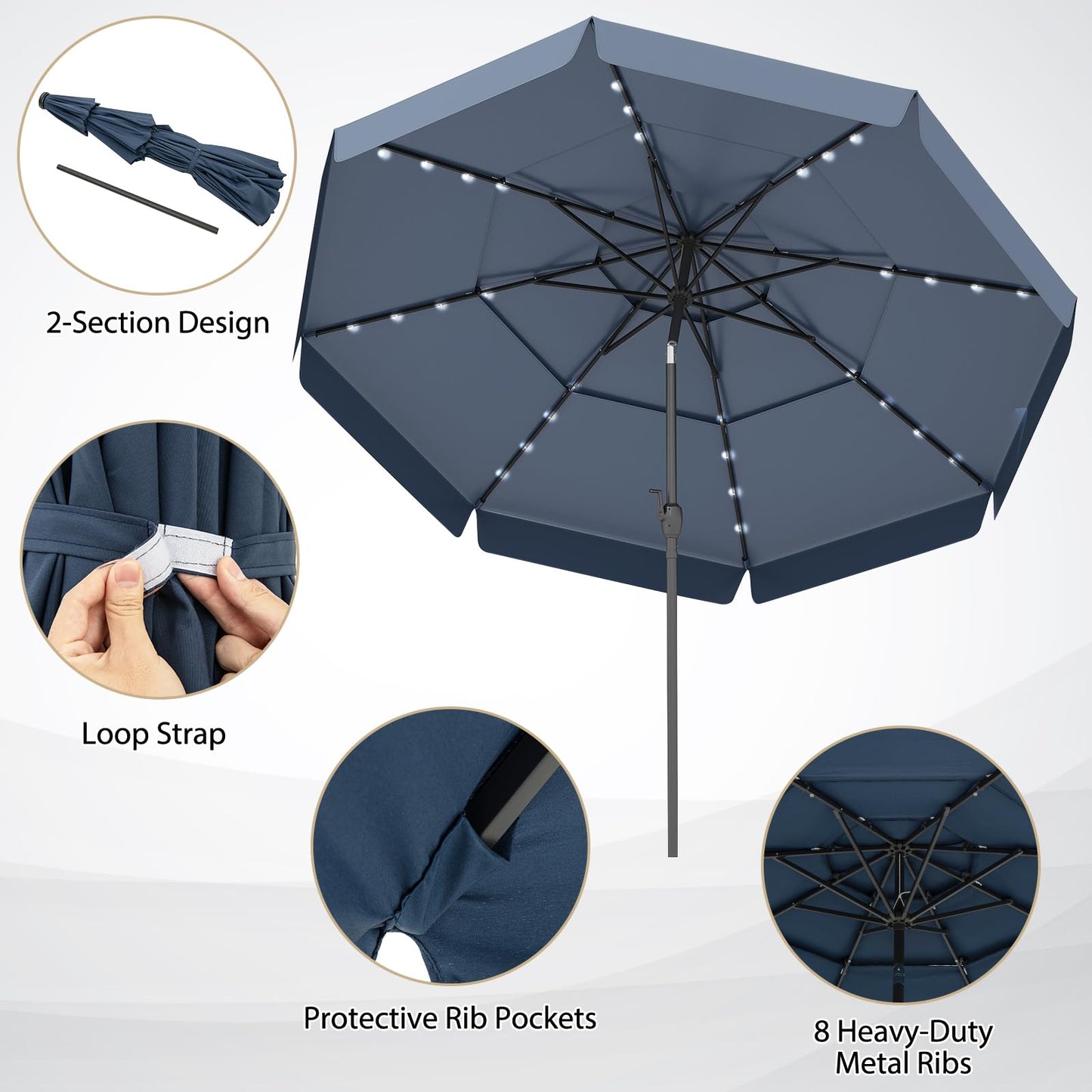 295 cm Solar Patio Umbrella with 32 LED Lights and 3-Tier Vented Top