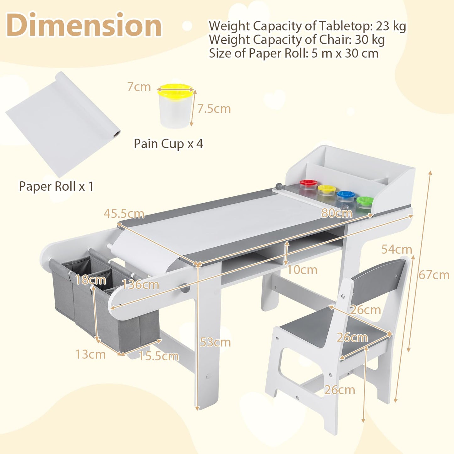 Kids Art Table and Chair Set with Paper Roll & Fabric Bins for Drawing Reading Studying Playing