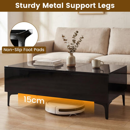 Lift Up Top Coffee Table with LED Lights, High Gloss Lifting Cocktail Center Table