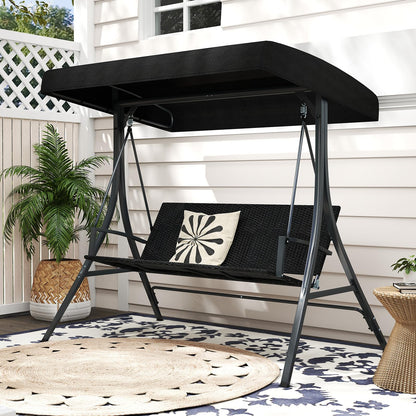 3-Person Porch Swing with Stand Adjustable Canopy Swing with Rattan Seat