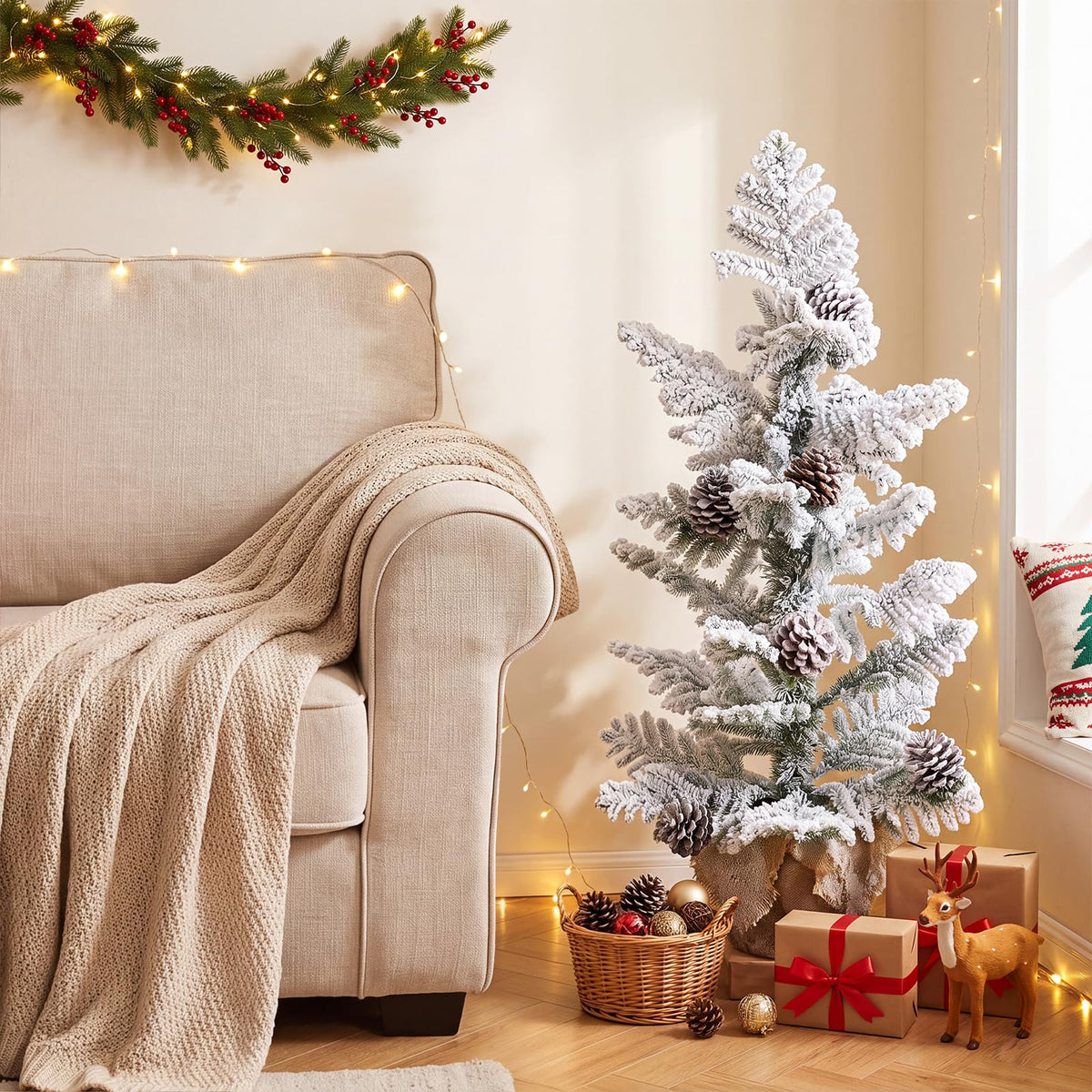 90CM/3FT Artificial Mini Christmas Tree, Snow Flocked Pre-Decorated Tabletop Xmas Tree
