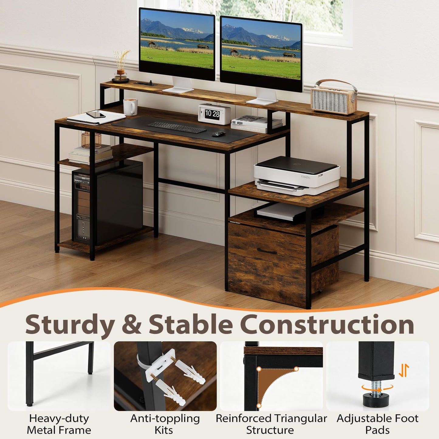 166CM Computer Desk with Charging Station, for Home Office, Study