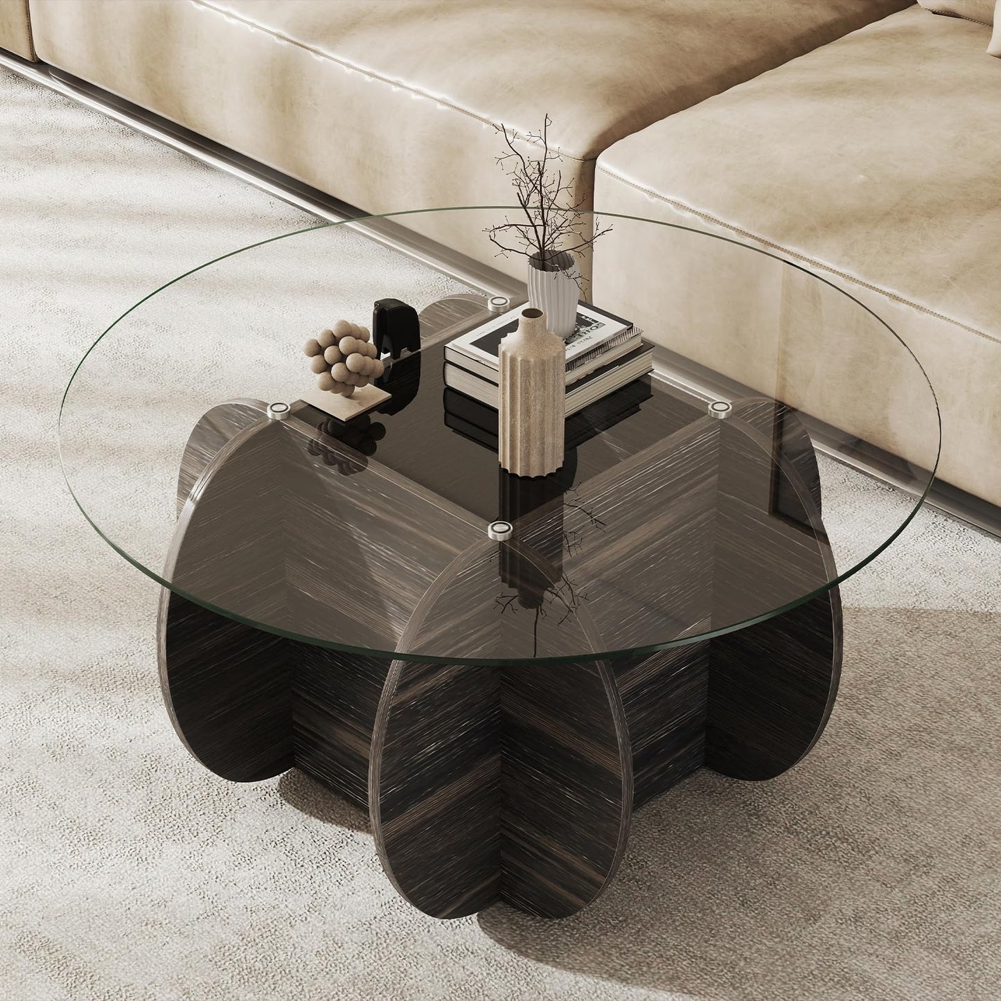 89cm Round Coffee Table Modern Accent Table with Tempered Glass Top