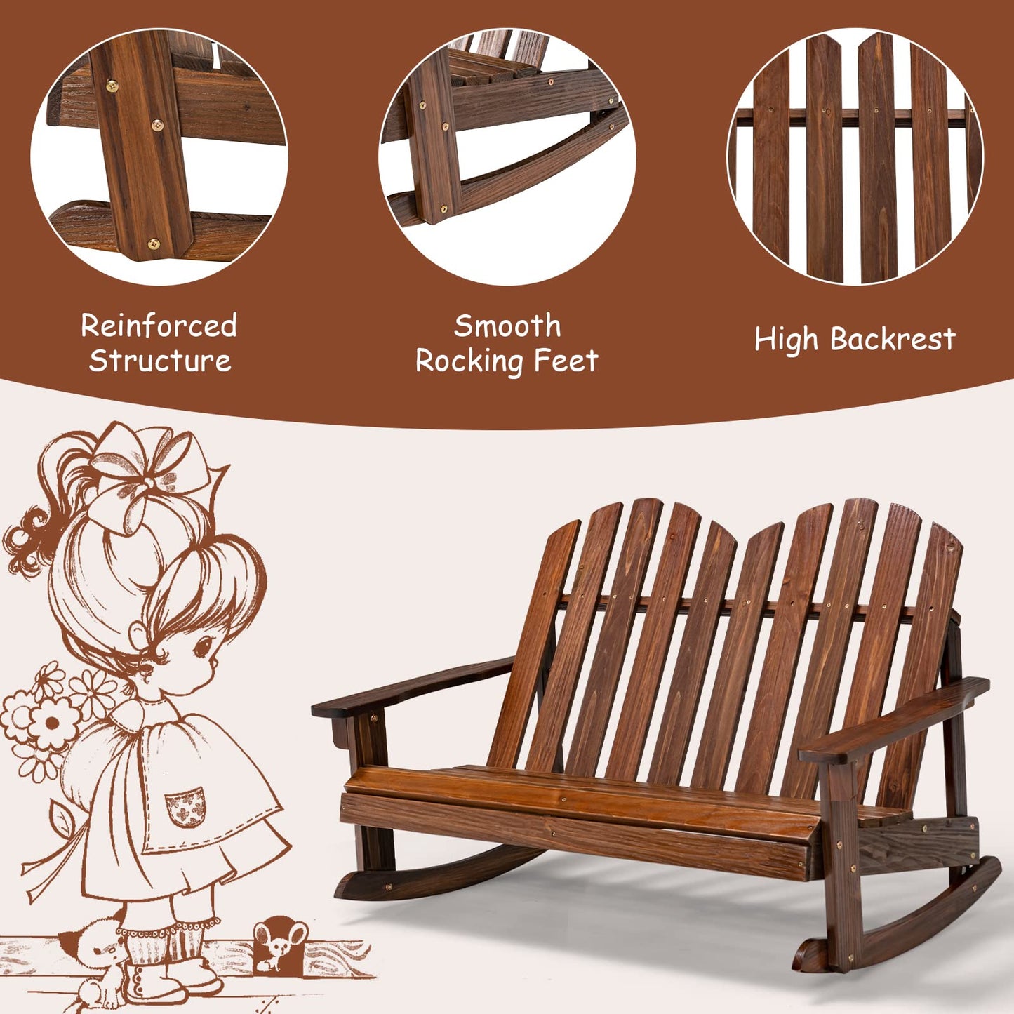 2 Person Outdoor Rocking Adirondack Chair Bench for Kids