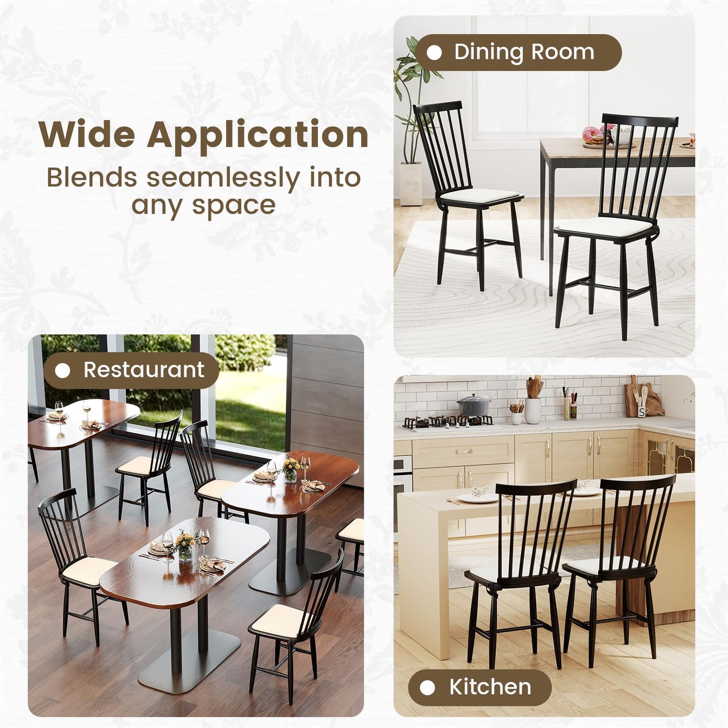 Windsor Dining Chair Set of 2 with Spindle Back for Kitchen and Restaurant