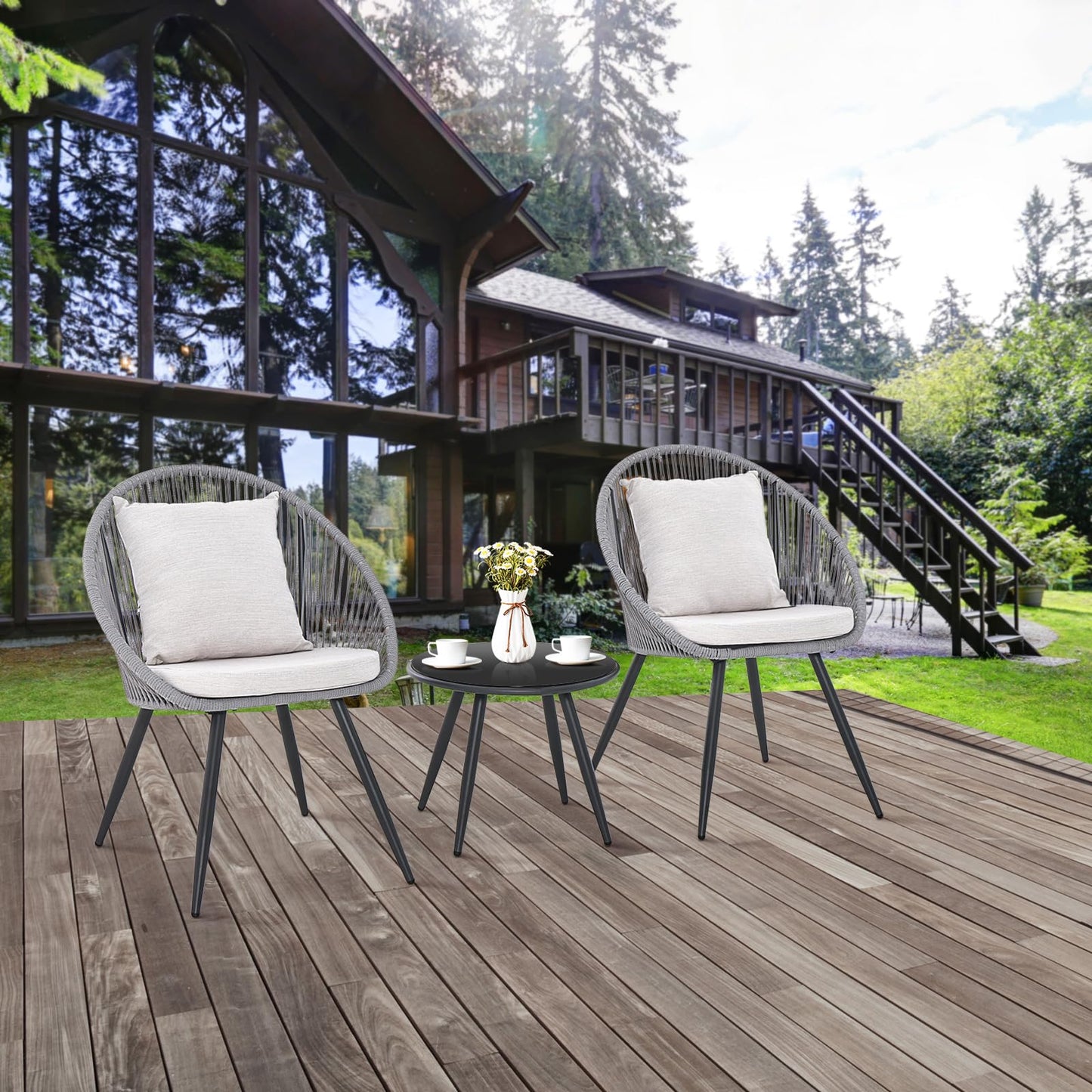 String Patio Bistro Set with 2 Chairs and Glass Coffee Table