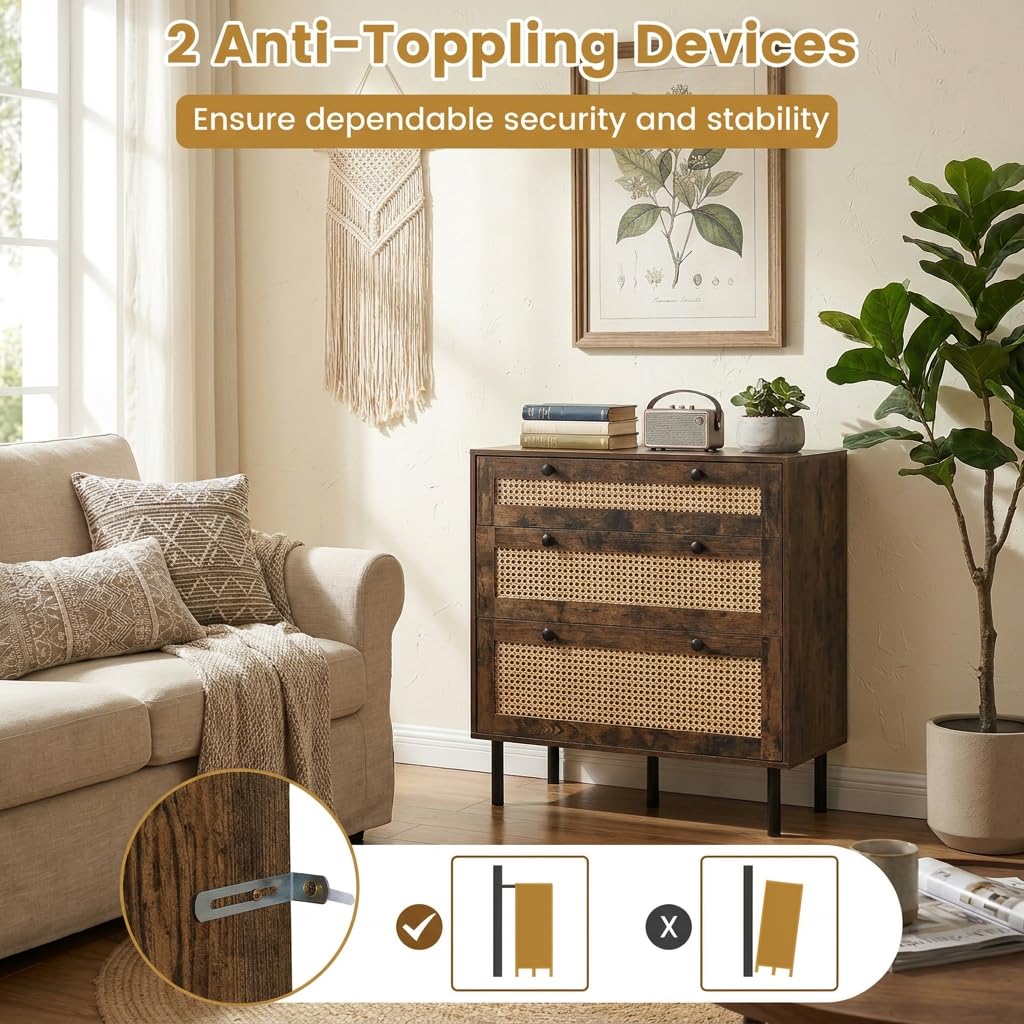 Chest of Drawers, 3-Drawer Boho Storage Dresser (Rustic Brown) | 75 cm Rattan Dresser Organizer Unit