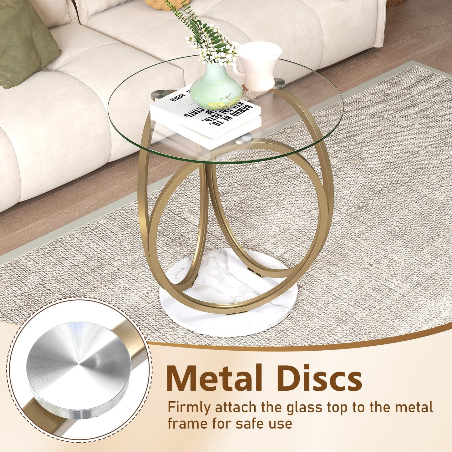 Round Glass Coffee Table with Geometric Metal Ring Frame for Living Room