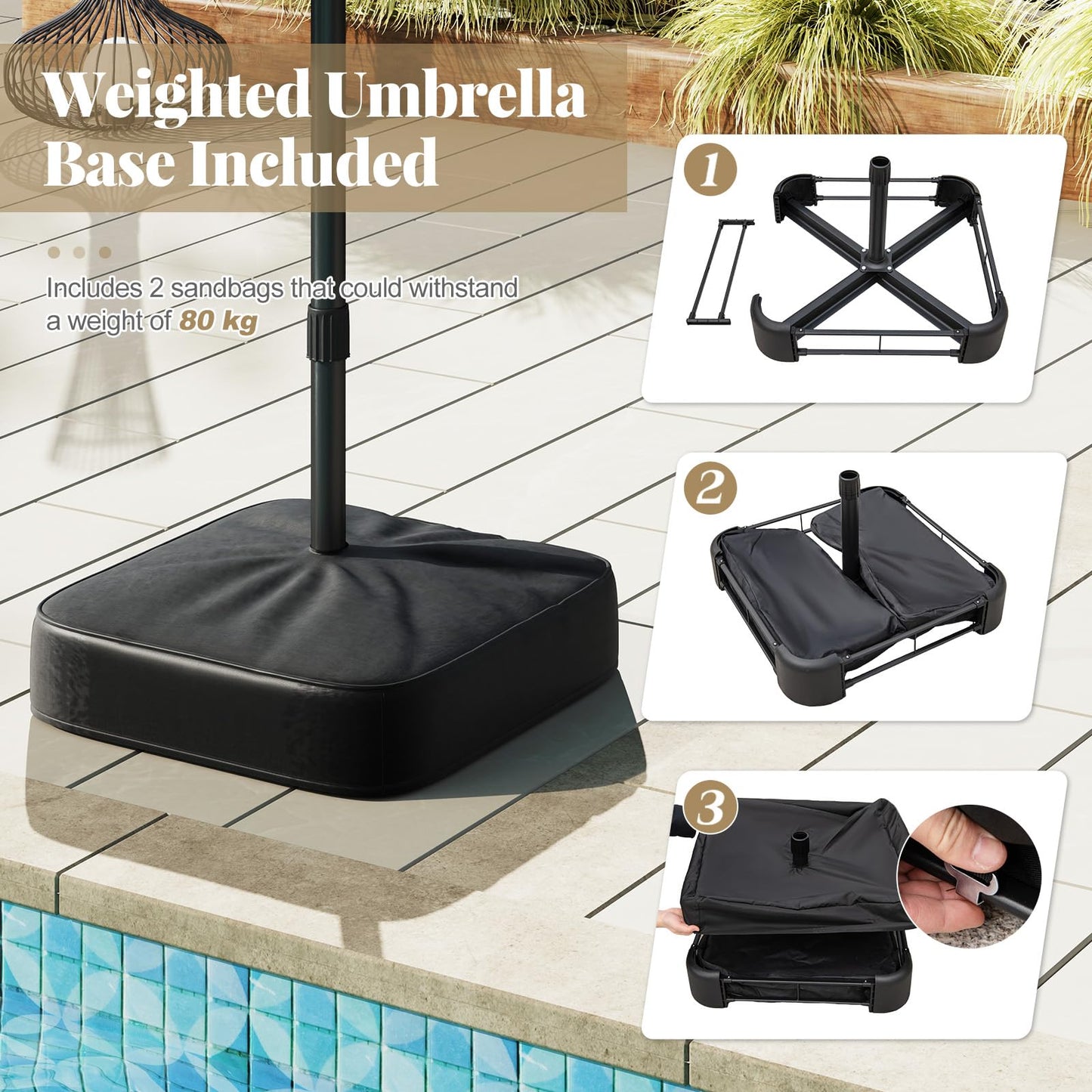 Double-Side Garden Parasol, Sun Shade Umbrella with Solar Powered LED Lights, Base & Crank System