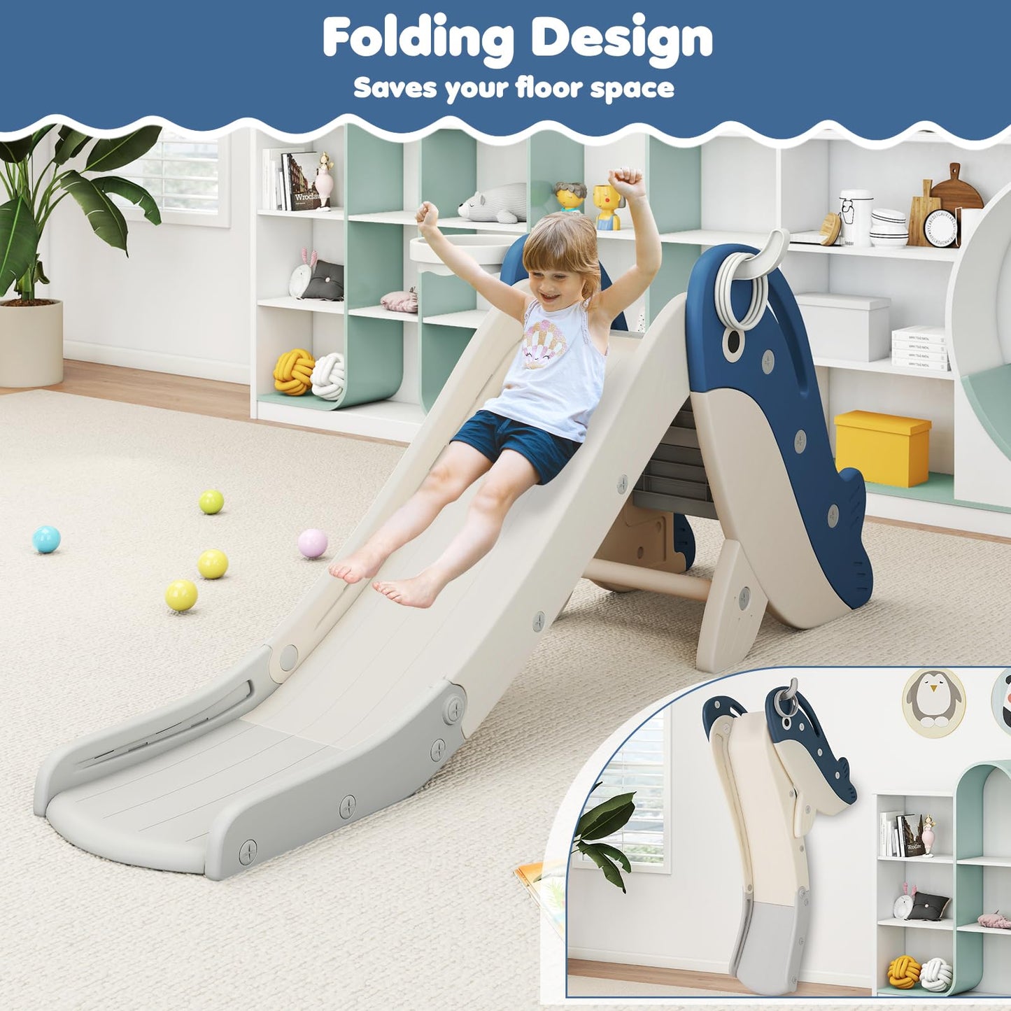 4-in-1 Toddler Slide with Basketball Hoop and Space-saving Folding Design