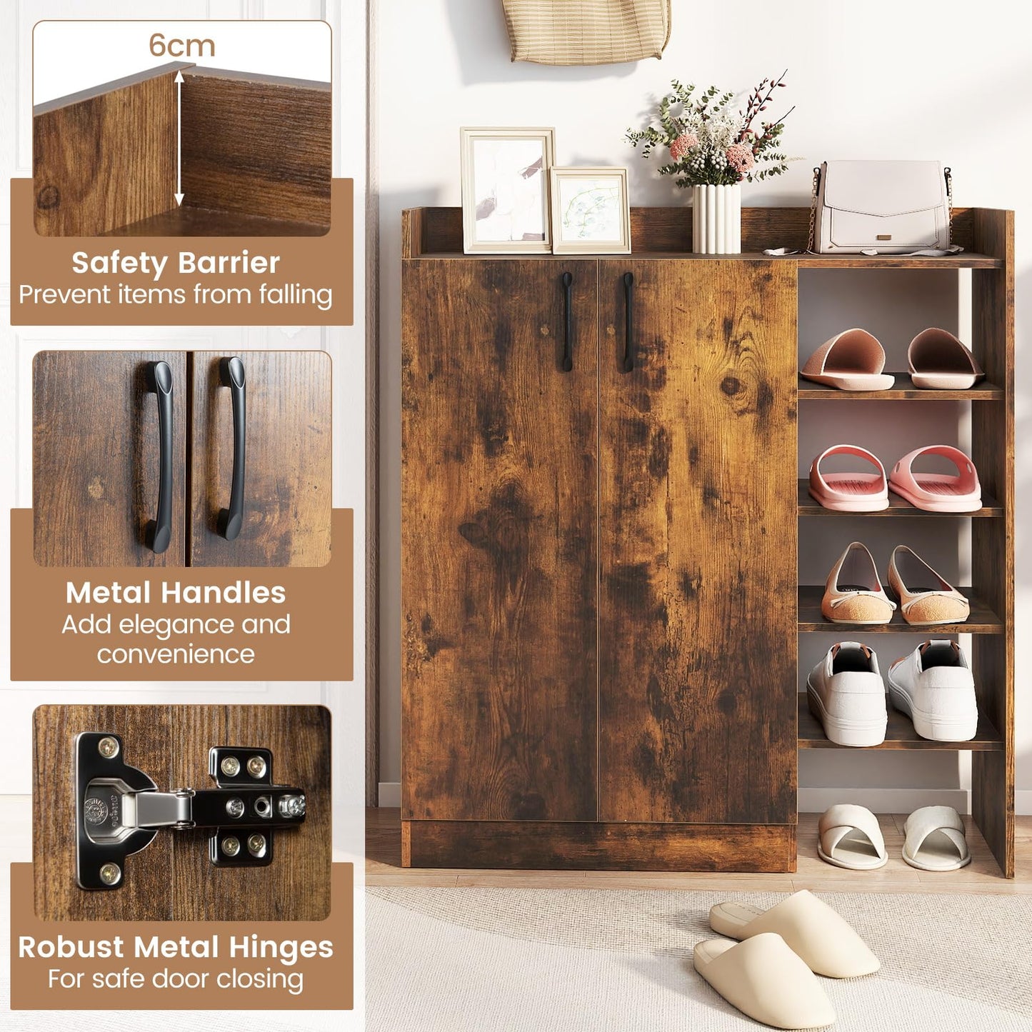 Shoe Storage Organizer with 2 Adjustable Inner Shelves and 4 Open Shelves