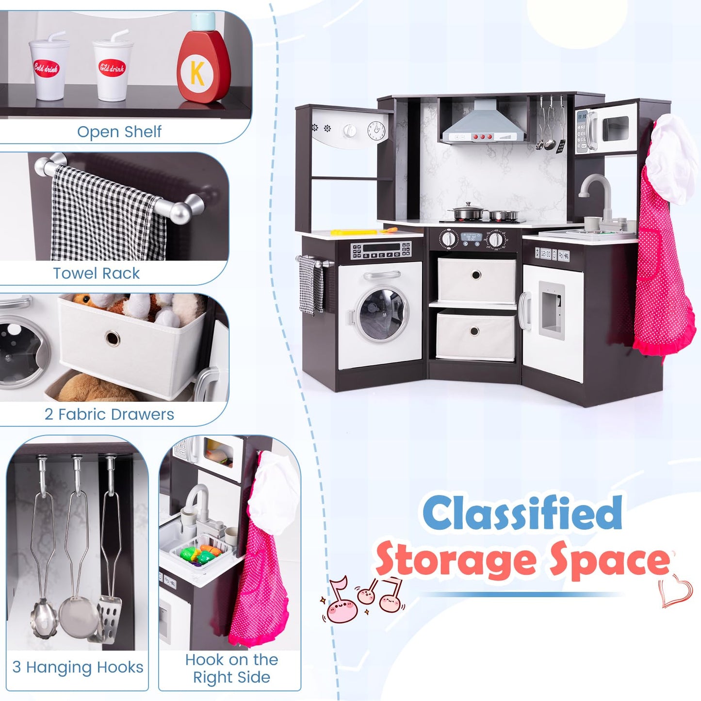 Wooden Kids Play Kitchen Corner with Lights and Water Circulation System