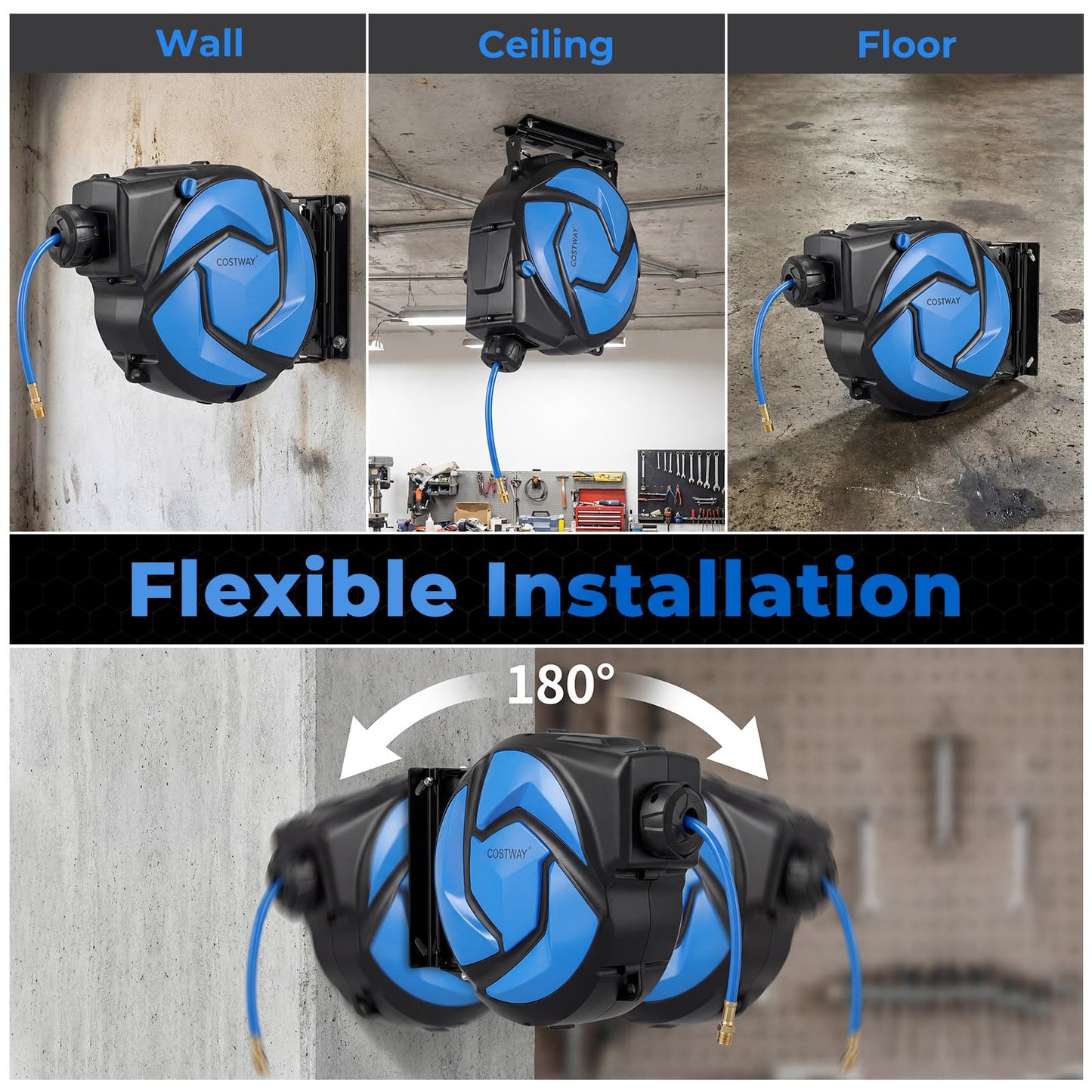 Retractable Air Hose Reel, 14m/15m + 1.5m Automatic Rewind Ceiling