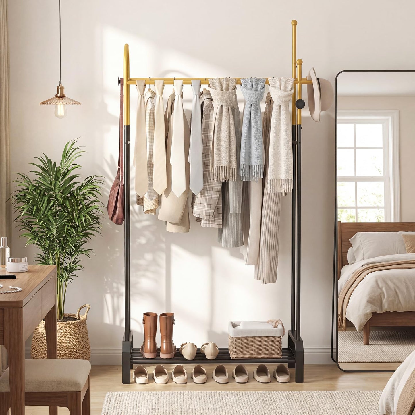 Double Rods Garment Rack Freestanding Clothing Rack with 5 Hooks